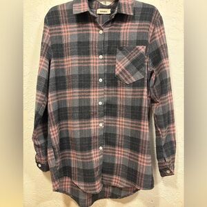 Adora Plaid Flannel Button Down Shirt M Gray Pink Long Sleeve Casual